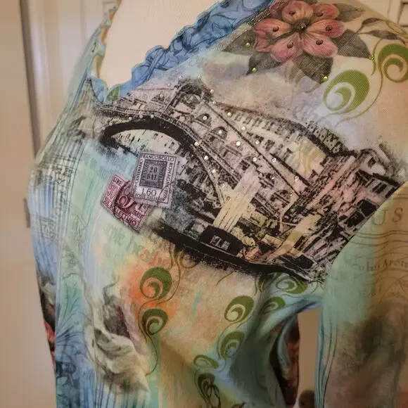 Y2K Impulse California Green Graphic Blouse Lettuce Trim XL - Picture 3 of 7